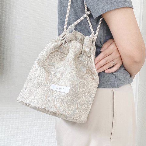 【送料無料】丸底巾着バッグ　 #minne_new paisley ペイズリー　ツイストコード　ジャガード　結婚式　お呼ばれ　浴衣　【受注製作】