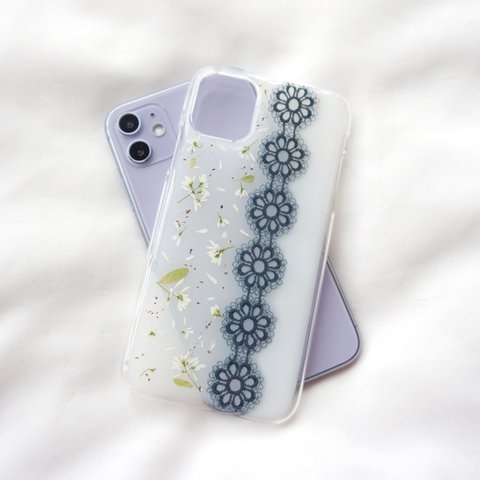 【Euphorbia Lace】 押し花スマホケース　刺繍　フラワー　ソフトケース　全機種対応　ハードケース　android iPhone 12 13 14 8 SE2 白　ホワイト　ブルー　青