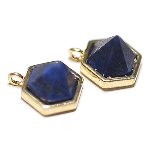 【2個入り】１点もの～天然石ラピスラズリ (lapis lazuli) Hexigonカットゴールドチャーム、パーツ