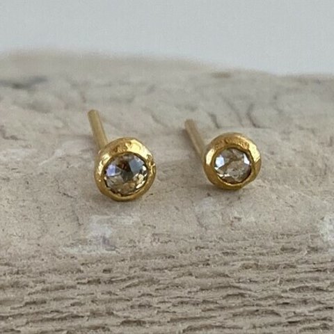 K24 ローズカット天然ダイヤモンド純金ピアス◇K24 Pure Gold+Diamond Studs