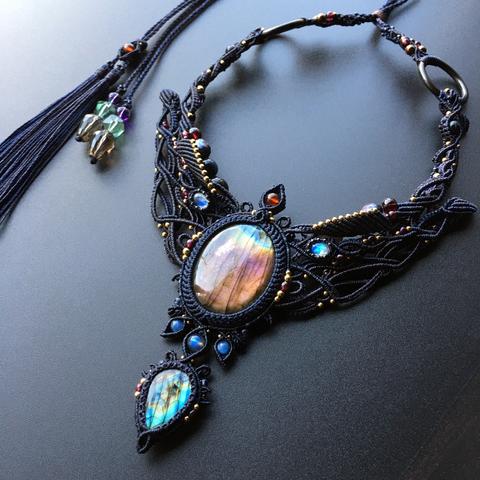 labradorite × rainbow moonstone / bohemian necklace ＃マクラメネックレス＃