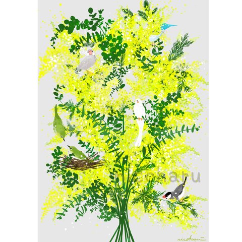 ミモザの花束と小鳥たち インテリアポスター A4