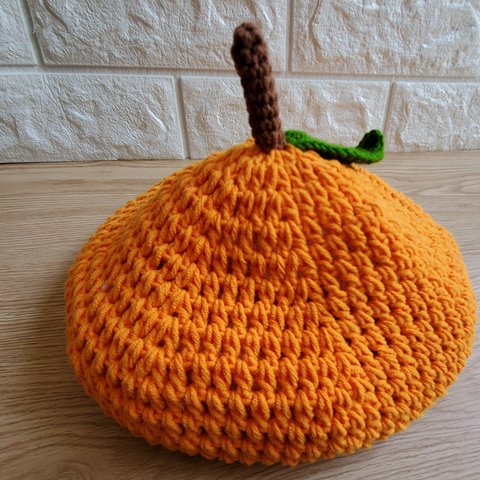 編み物 柑橘 ベレー帽 コットン100% ニット帽  大人用 夏の日 オレンジ 橙 