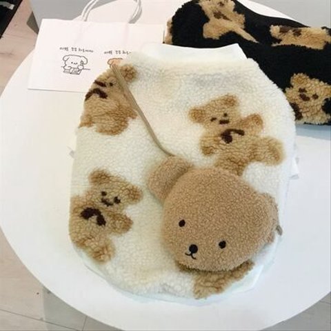 【ホワイト】犬服 ペットウェア くまちゃんトップス バッグ付き 暖かい 秋冬  おしゃれ かわいい 防寒 ふわふわ 小型犬 厚手 防風 袖あり ch-845