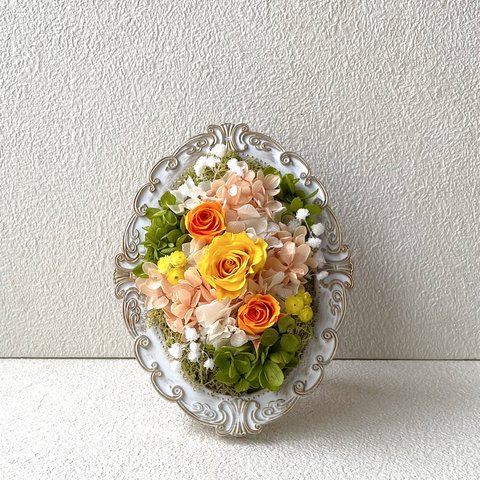 薔薇のフレームアレンジ♪バラ黄色オレンジプリザーブドフラワー花母の日ブリザードフラワー結婚式誕生日プリザ薔薇プレゼント誕生日バラギフト花器サプライズ 結婚祝い退職祝い卒業祝い