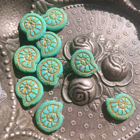 【2コセット】JIRI＊IVANA#czech beads#チェコビーズ　snail18✖️16㍉🐌turquoise/bronze