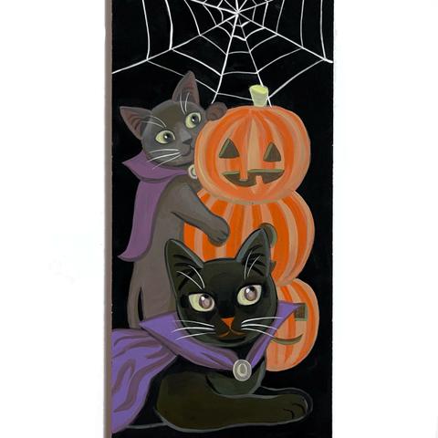 黒猫 と ジャックオーランタン の ハロウィン イラスト 原画 壁掛け 飾り