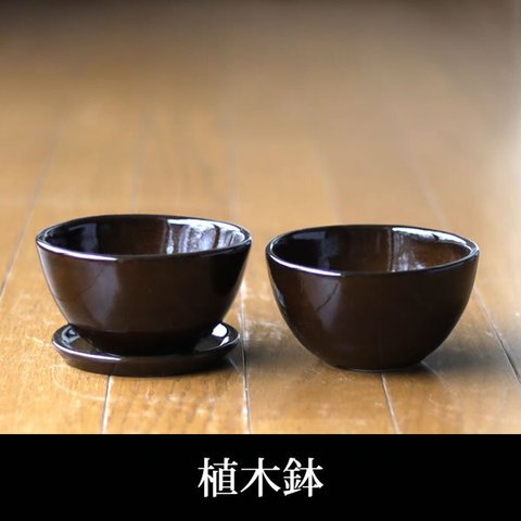 濃い茶色の陶器の植木鉢 (つやあり) (ボールタイプ)