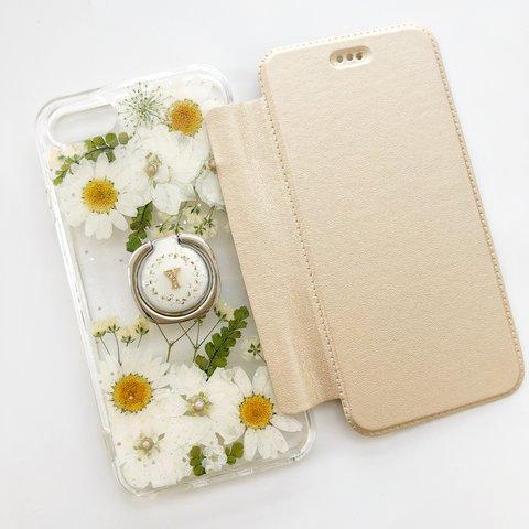 ❤イニシャル スマホリング付き 押し花 選べる5色 手帳型スマホケース iPhoneケース iPhone14/13Pro/12Pro/SE/11Pro/XR/XS/8/7