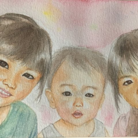 水彩画・3人用似顔絵ポストカード ハガキサイズ リアル