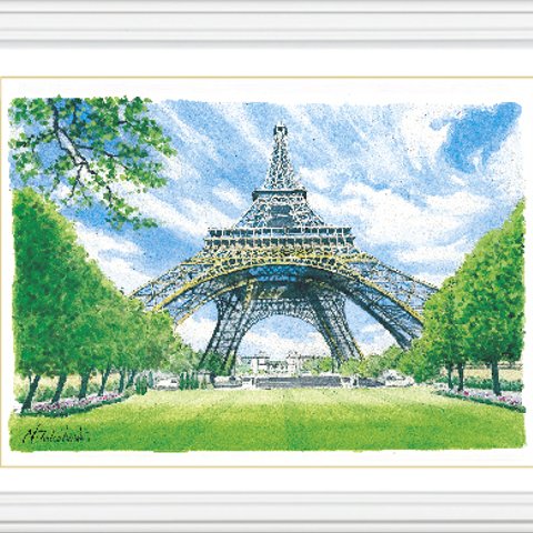 水彩で描く風景画『フランス　パリのエッフェル塔』ジグレ版画　水彩画　A4　インテリア　絵画　季節　イラスト　