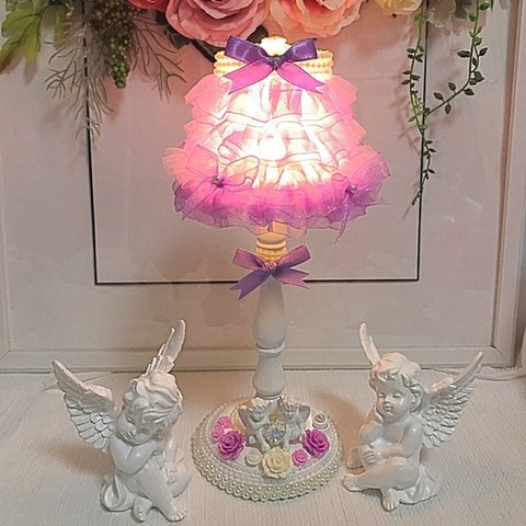 大型 薔バラ ローズ エンジェル 天使 スワロフスキー パープル シェード 間接照明 テーブルランプ アンティーク調ライト