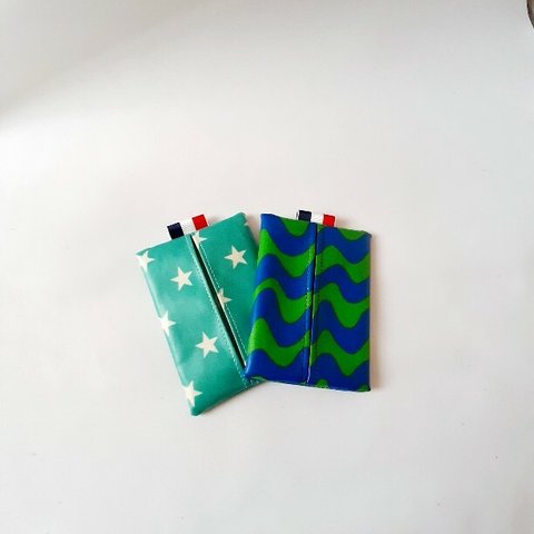 【ラミネート生地】青緑スターー&ウェーブグリーン　キッズ用ティッシュケースセット