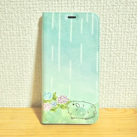 紫陽花とモルモットの手帳型スマホケース