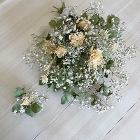 flower bouquet swag ＋ boutonniere  かすみ草 ユーカリ ウェディングブーケ ブートニア