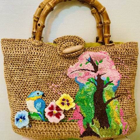 送料無料❣️鳥とお花のかごバッグ