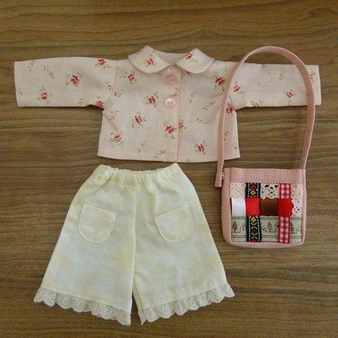 人形用お洋服 3点セット 花柄ブラウス フレアパンツ ショルダーバッグ ミックスジャム 着せ替え人形用