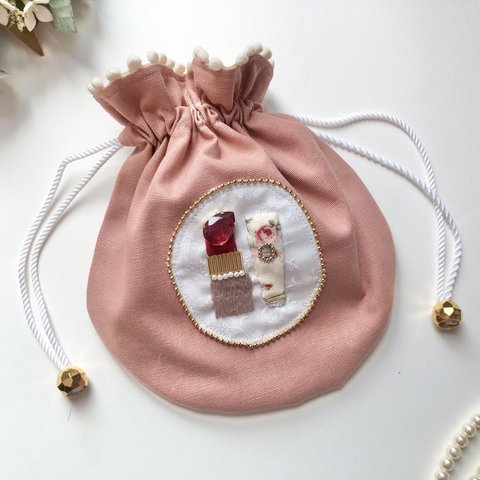 【ビーズ刺繍❤︎丸巾着／ポーチ】terracotta rouge