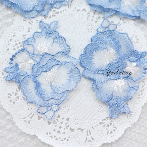 2枚/花　フラワー　ブルー系　透き通る　上品　優雅　アップリケ　モチーフ　刺繍　手芸