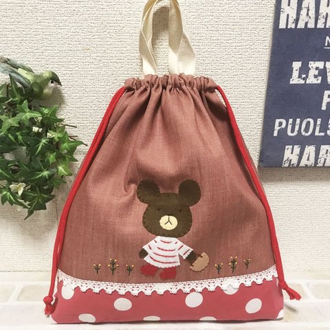 再販2🐻BIGサイズ♪ワンピースを着たくまの持ち手付き巾着袋♪ピンクベージュ