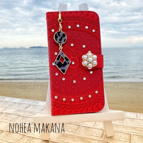  《makana》フィルム付き☆エスニックiphone7/11/pro 手帳型ケースR

