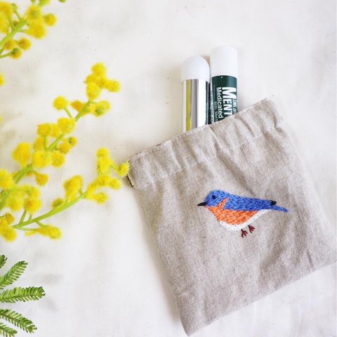 【SALE】4/31まで【期間限定】刺繍 バネポーチ (しあわせの 青い鳥)【送料無料🆓】