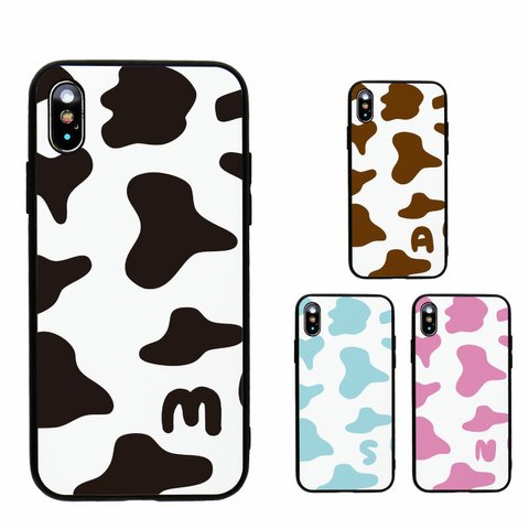 スマホケース 強化ガラス《cowイニシャル》牛 牛柄 Iphone かわいい 個性的 ピンク ブルー ブラック ブラウン 送料無料 クリスマス プレゼント