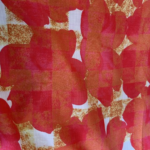 (b1037)昭和レトロ生地　ピンク赤　花柄　アート水彩画　化繊　チェック