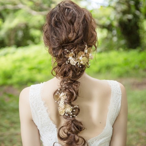 フラワー＆リーフモチーフのヘッドドレス セット ヘアアクセサリー ヘッドアクセサリー ブライダルアクセサリー 結婚式に