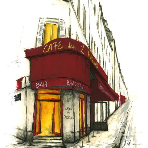 風景画 パリ 版画「Cafe des Deux Moulins」AP版