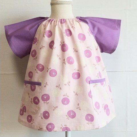 半袖スモック♡北欧風お花柄×パープル袖(110size)