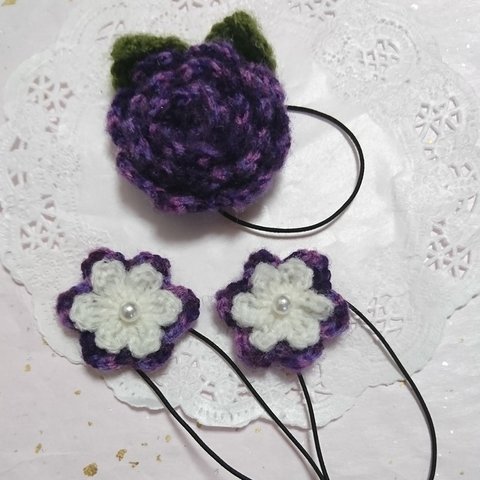 手編み 毛糸 お花のモチーフ ベビー キッズ ヘアゴム セット