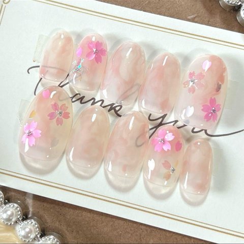 春ネイル 桜 白 ピンク ニュアンスネイルチップ 乳白色 シンプル 大人 キレイ