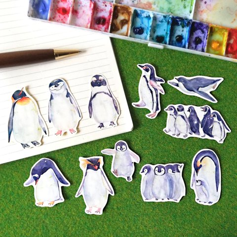 【22枚セット】絵本風ペンギンさんのフレークシール 全11種類