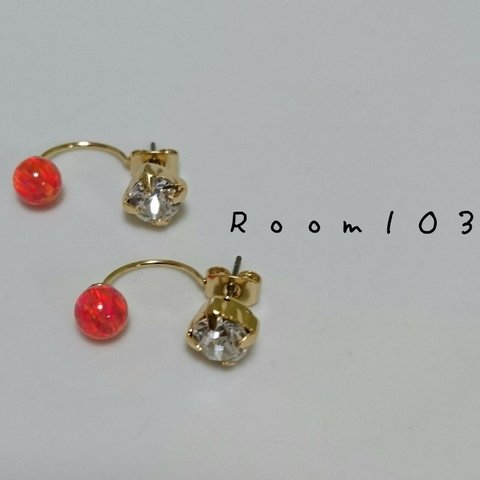 【再販】スワロ&京都オパールのピアス〜橙色〜＊Ｒｏｏｍ１０３＊