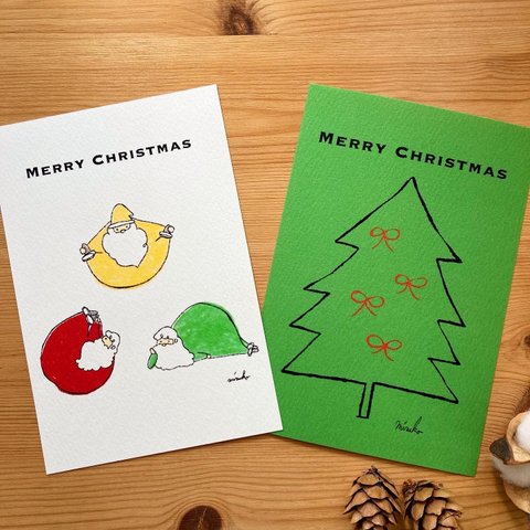 【クリスマスカード】ゴロゴロサンタ＊緑＊クリスマスツリー＊サンタクロース