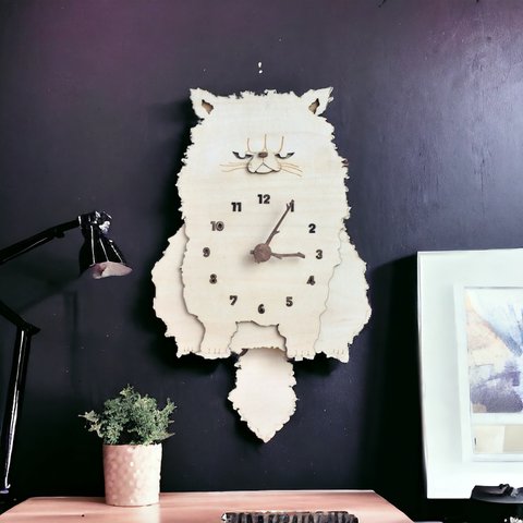 ペルシャ猫のお座り時計 木製 振り子時計 掛け時計
