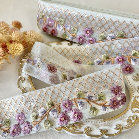 30cm/50cm  インド刺繍リボン  チュール  花柄  アイスブルー