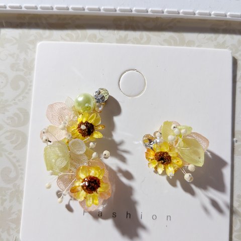 向日葵カラー紫陽花イヤーカフ＆ピアス