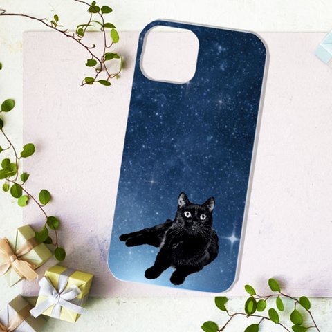 黒猫 の 宇宙柄 スマホケース / ほぼ全機種対応！ iPhone Android iPhone Xperia Galaxy HUAWEI AQUOS