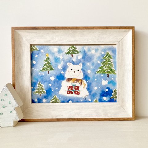 🎄A4ポスター　透明水彩画 「しろくまくんからの贈り物」北欧イラスト　クリスマスインテリア　クリスマスギフト　クリスマス　クリスマスポスター　クマ　くま　シロクマ🎄