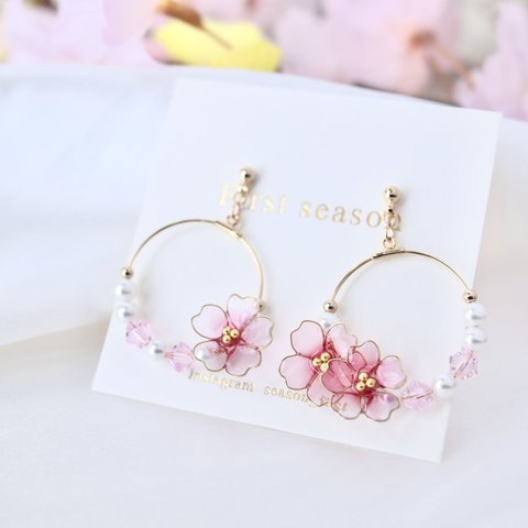 桜フープピアス・イヤリング　clear pink サクラ　さくら