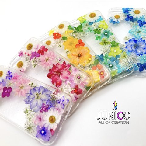 カラフルな押し花のスマホケース 選べる5color 全機種対応　ブルー・グリーン・ピンク・パープル・イエロー/iphone/GALAXY/AQUOS/xperia/pixel