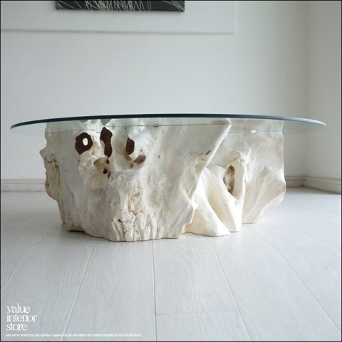 チークガラステーブルH/1 座卓 円卓 円形テーブル センターテーブル リビングテーブル 座敷机 プリミティブ 一点物 総無垢 約59kg