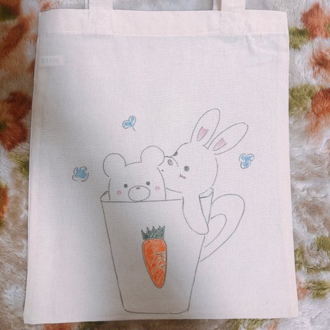 手描き1点物「マグカップうさうさ」🐰トートバッグ