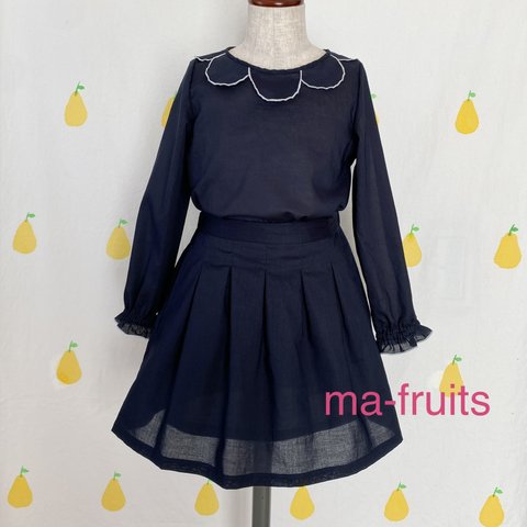 花びらの襟元 トップス と ふんわりタック入り スカート の  セットアップ 子供服 【90~130】