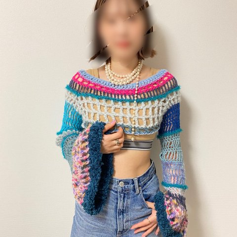 【霧氷】モヘアニット　ショートニット　シースルーニット　ブルー　モヘア　ニット　ショートたけし　青色　ブルー　水色　ピンク　キラキラ　ふわふわ　グラデーション　