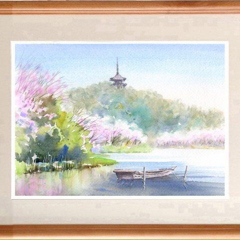 注文制作します　水彩画原画　三渓園の桜（＃431）