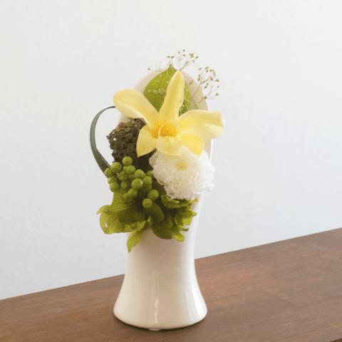【仏花】デンファレと小菊とアジサイのコンパクトサイズの仏花（黄色）・全てプリザーブドフラワー使用