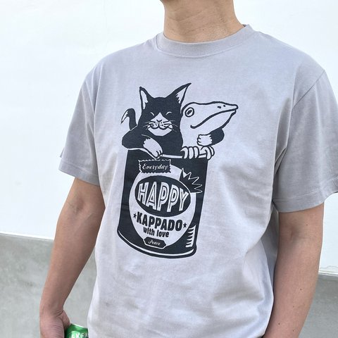 猫とカエルのTシャツ（ライトグレー）【L】男女兼用